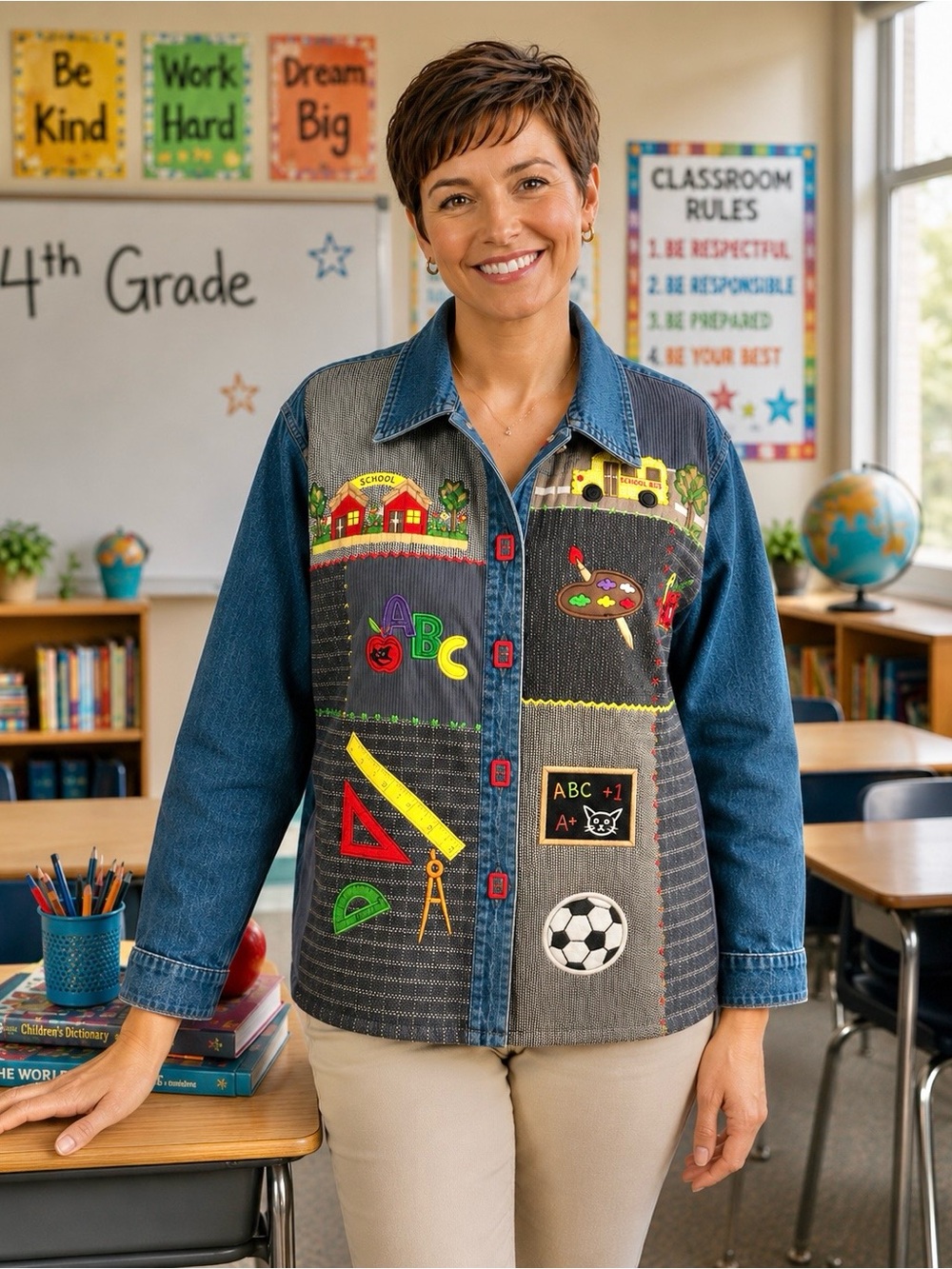 Teacher’s Life Style Denim Jacket Size S Embroidered School Themed Button Up